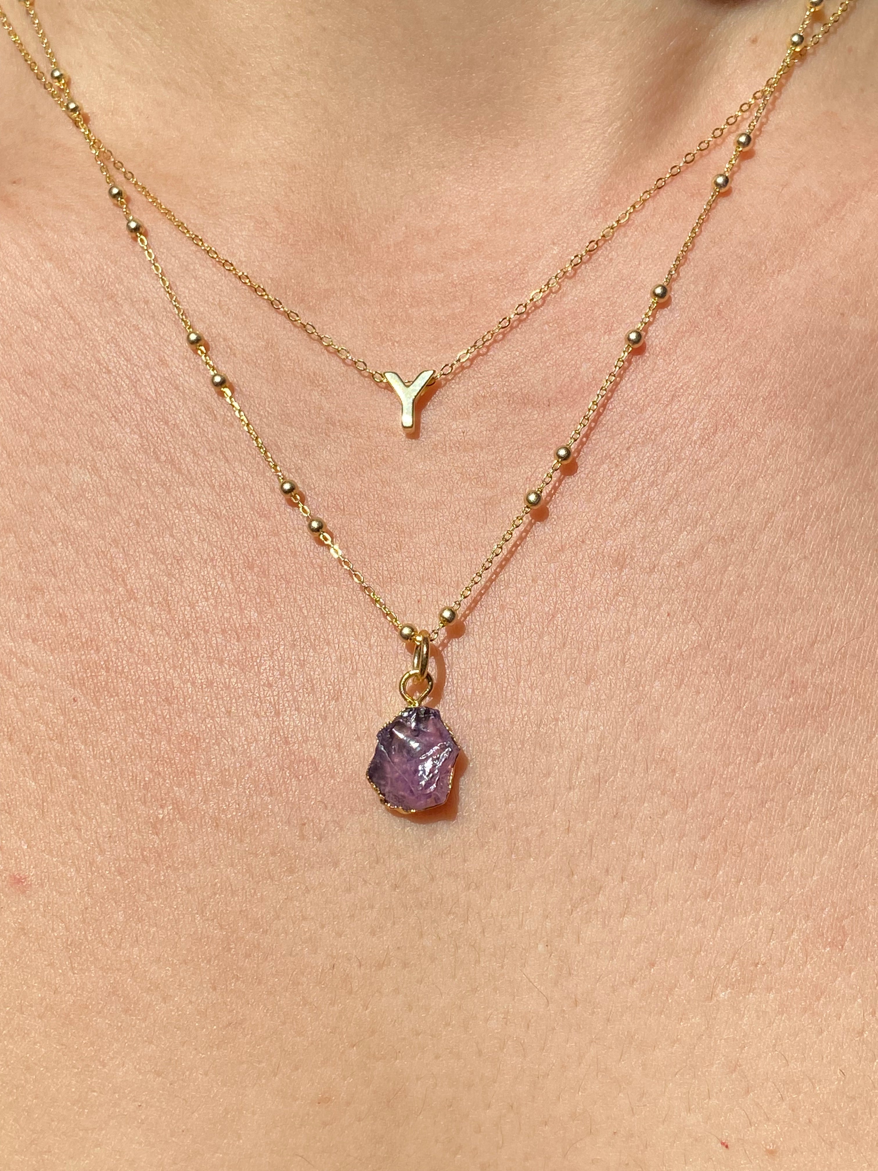 Alphabet + Flat Birthstone Necklace Set - February