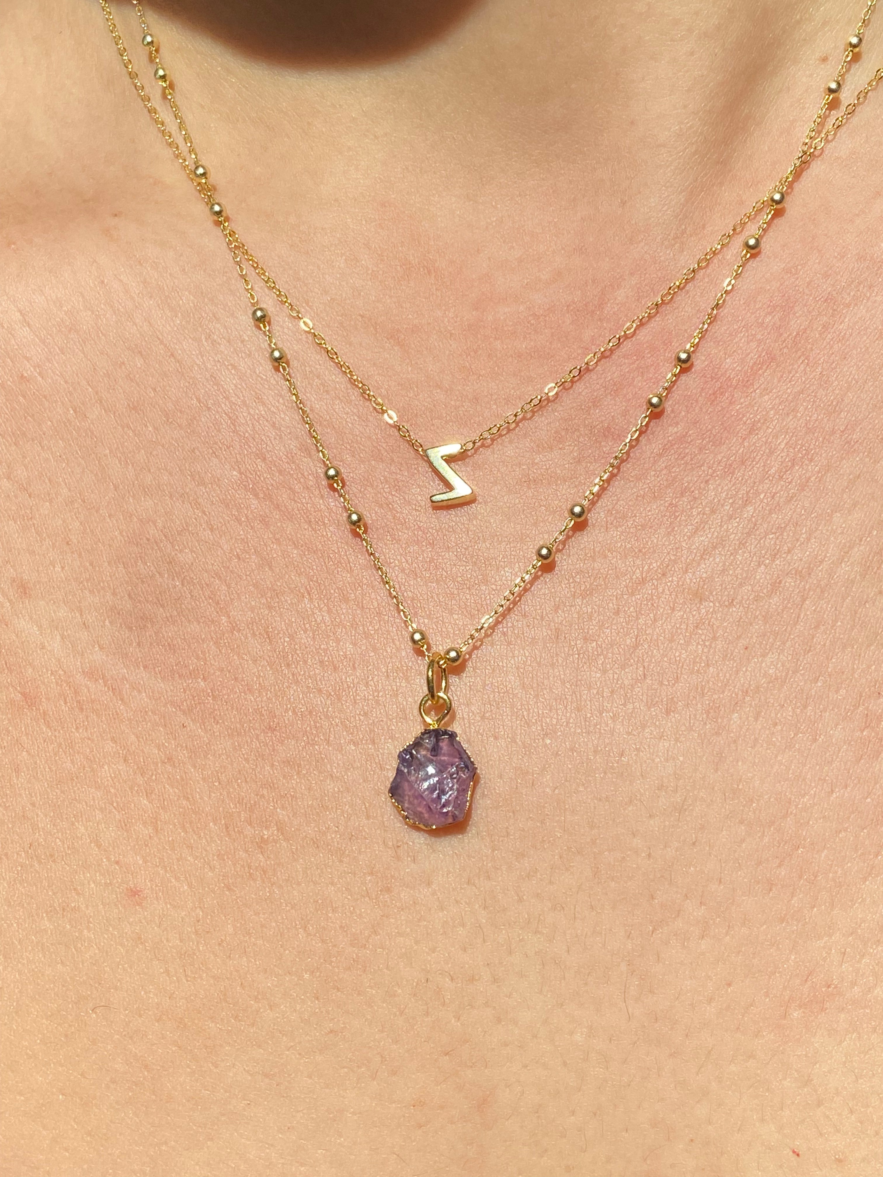 Alphabet + Flat Birthstone Necklace Set - February