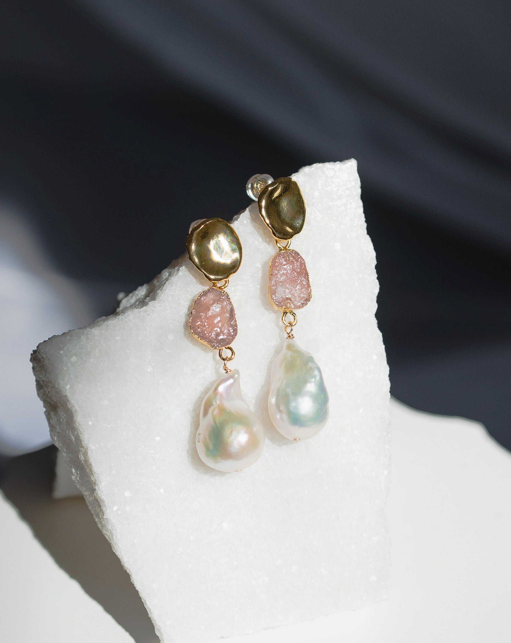 October | Rose Quartz Birthstones x Pearls Earrings