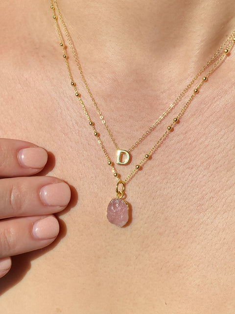 Initial & Rose Quartz Necklace Set | October Birthstone