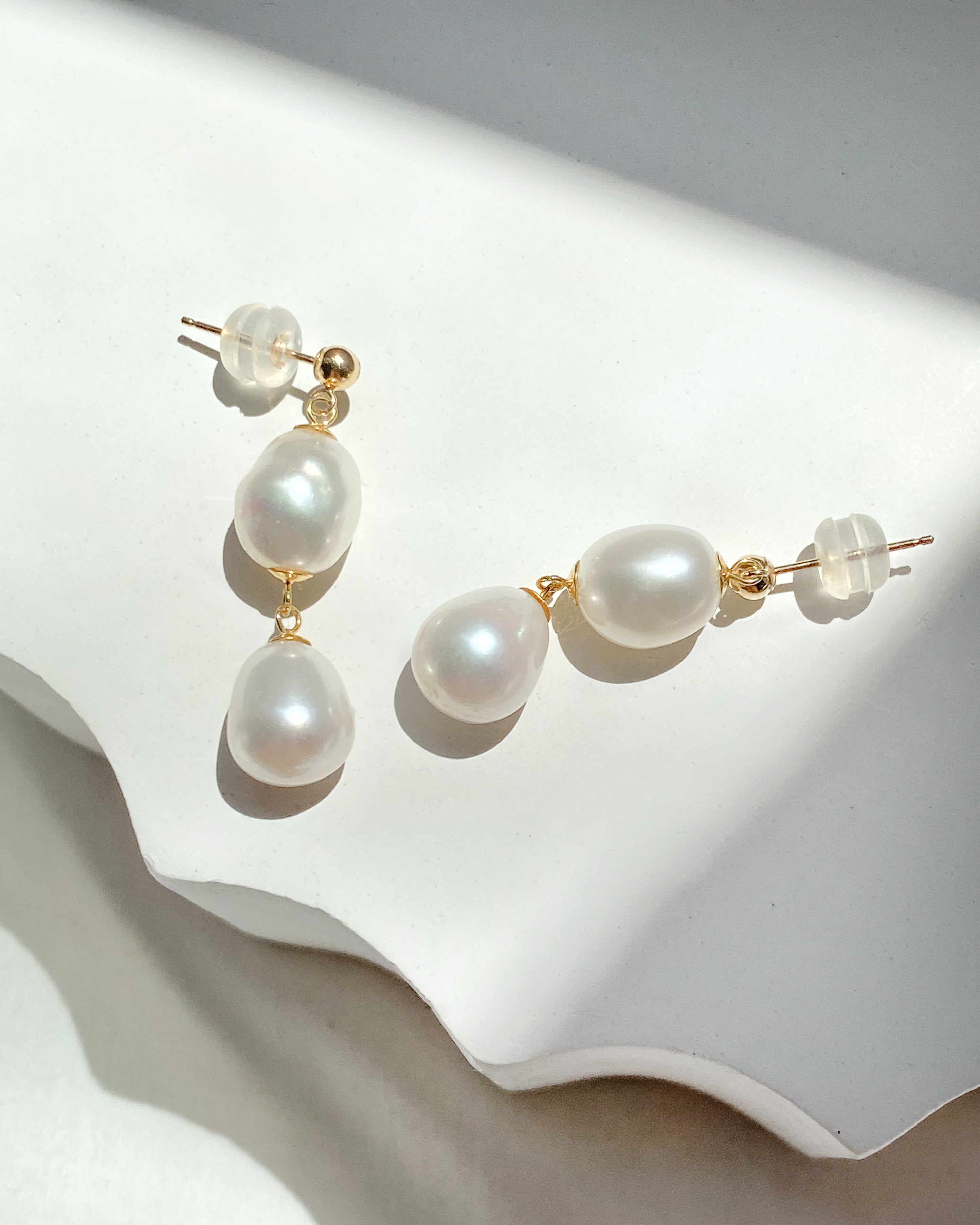 Elisse Double Drop Pearl Studs | Solid Gold