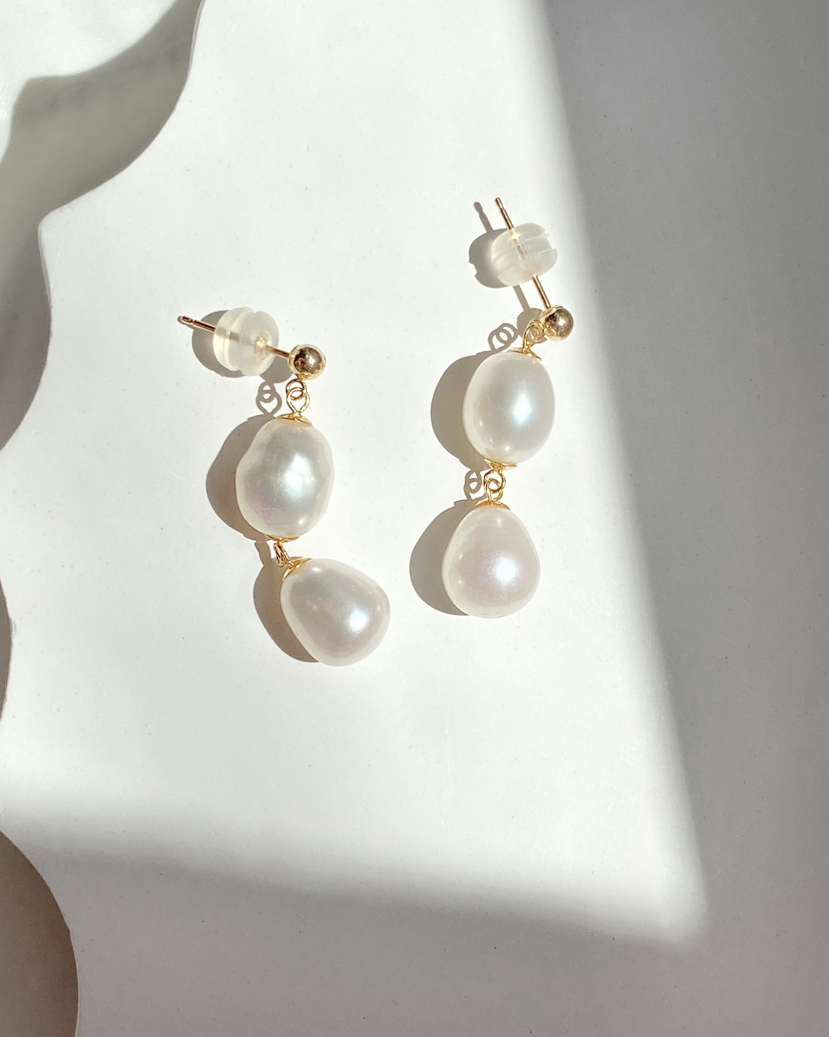 Elisse Double Drop Pearl Studs | Solid Gold