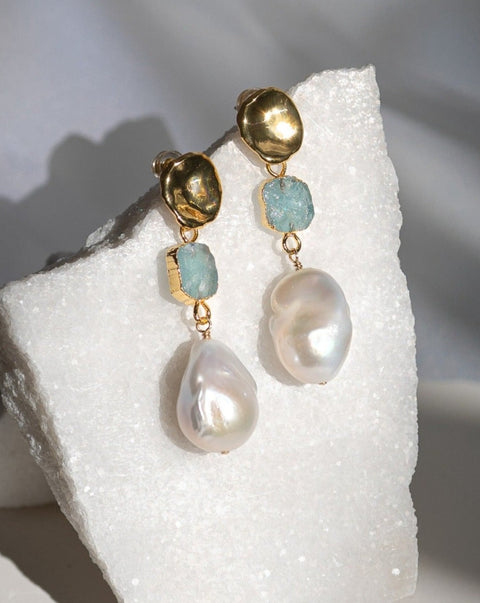 Aquamarine x Pearls Earrings | March Birthstone