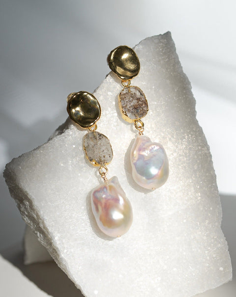 Herkimer Diamond x Pearls Earrings | April Birthstone