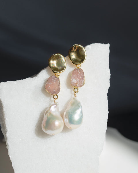 Rose Quartz x Pearls Earrings | October Birthstone